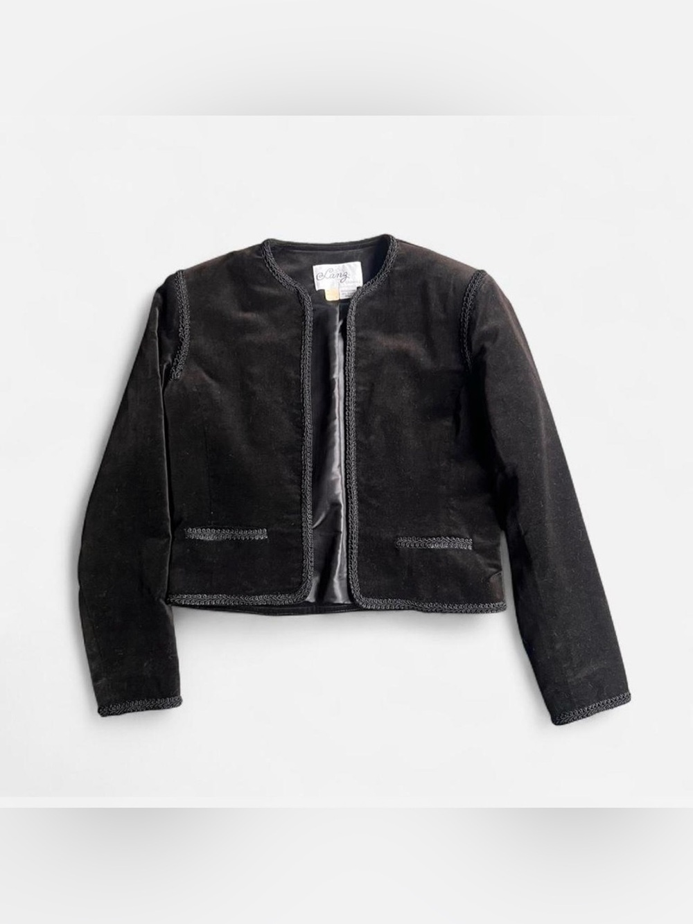 Vintage 1970’s Lanz black velvet cropped blazer with braided trim